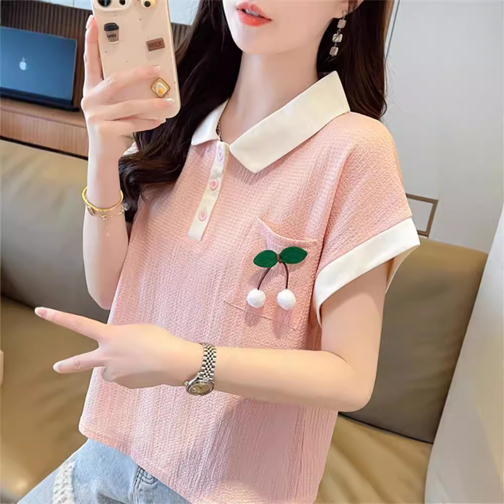 Tops de cuello de polo de bolsillo de color de contraste de textura de gran tamaño para mujer 2024 verano nuevo estilo suelto y delgado camiseta de manga corta para mujer