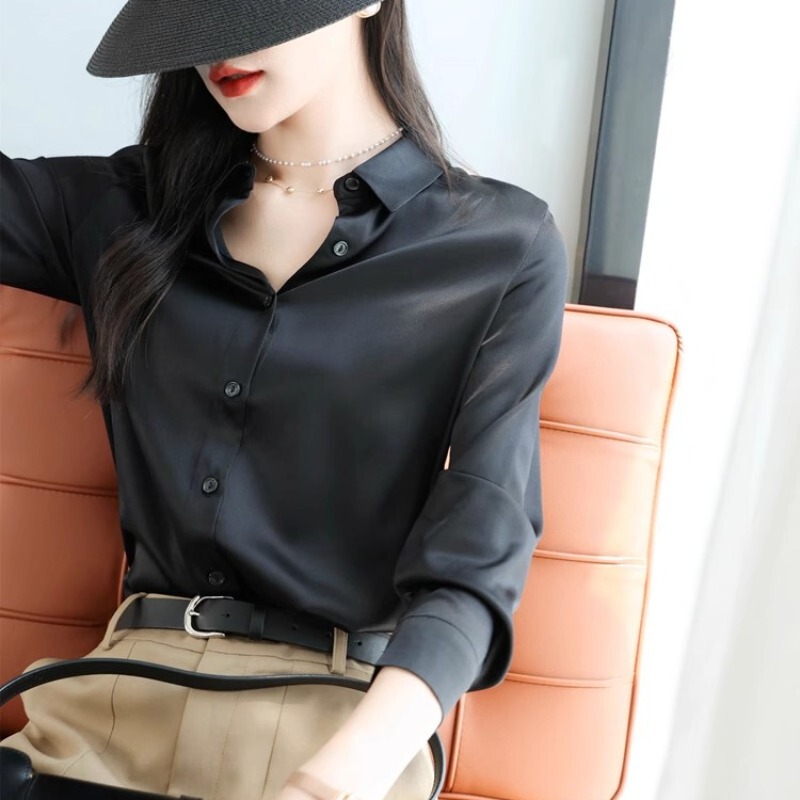 2025 Spring Large in stock Satin Shirt Women's Casual All-match OL Style Loose Long Sleeve Acetic Acid Commuter Shirt
