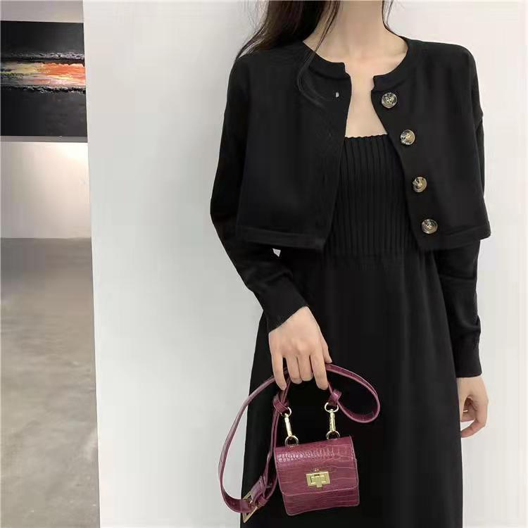 韓国スタイルのジャケット + サスペンダーツーピースニットドレス女性のための秋と冬ルーズスリムソリッドカラー長袖セータードレス女性のための|undefined