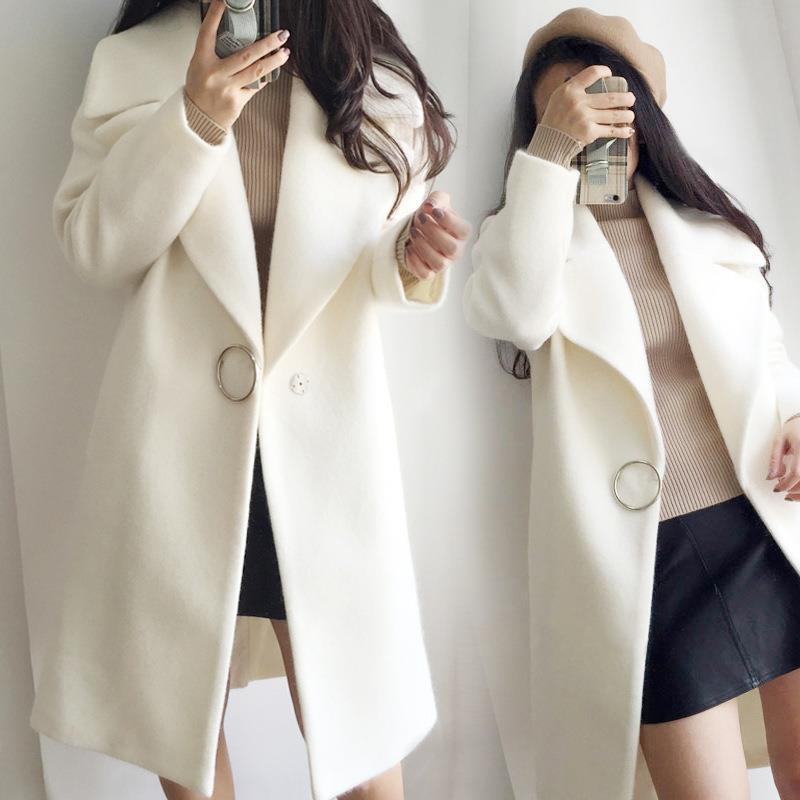 2025 Autumn and Winter Off-Season Korean Style Woolen Outwear Thickeneded Large Lapel White Mid-Length Cocoon-Shaped Woolen Outwear for Women