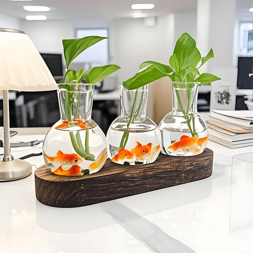 Circular Acrylic Planter with Water Cultivation Green Plant Office Living Room Decor Wooden Base Transparent Plant Pot Ornament