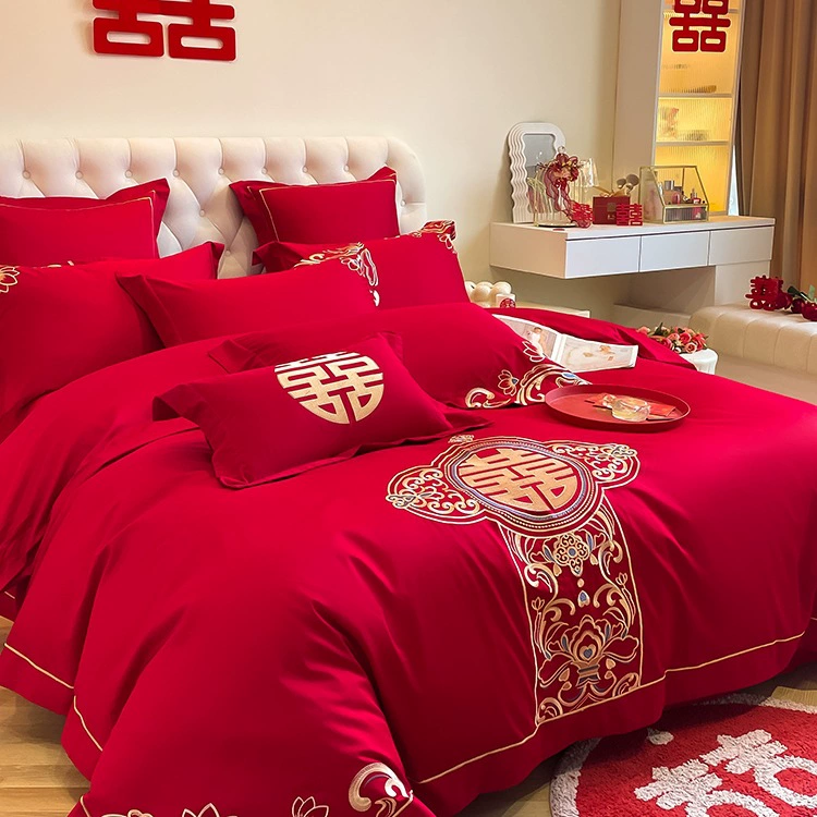 Большой красный свадебный комплект из четырех предметов с вышивкой китайского дракона и феникса, приданое для молодоженов, чистый хлопок, шесть предметов, постельное белье, пододеяльник для кровати J ^