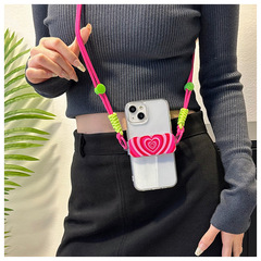 玫紅漸變愛心可拆卸手機背夾斜挎可背掛繩防摔防丟繩結實耐用高級