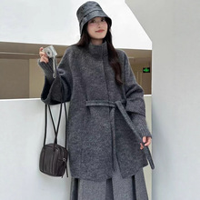 立领针织袖斗篷款小个子2025冬季新款双面羊毛大衣系带毛呢外套女