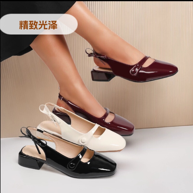 Chunky Heel Shallow Mouth Exquisite Glossy Square Toe Party Wedding Style High Heel Sexy One-Strap Open Back Closed-Toe Sandals