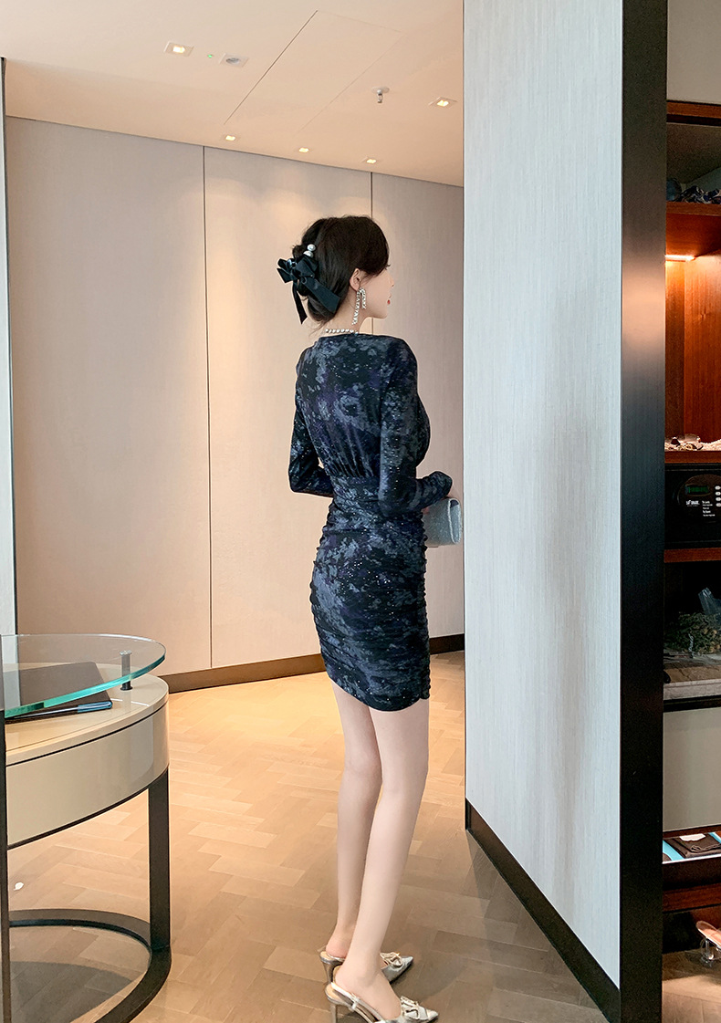 Đầm ôm body nữ cổ cọc Jacquard thêu hoa nhũ — Màu tím đen chi tiết 19