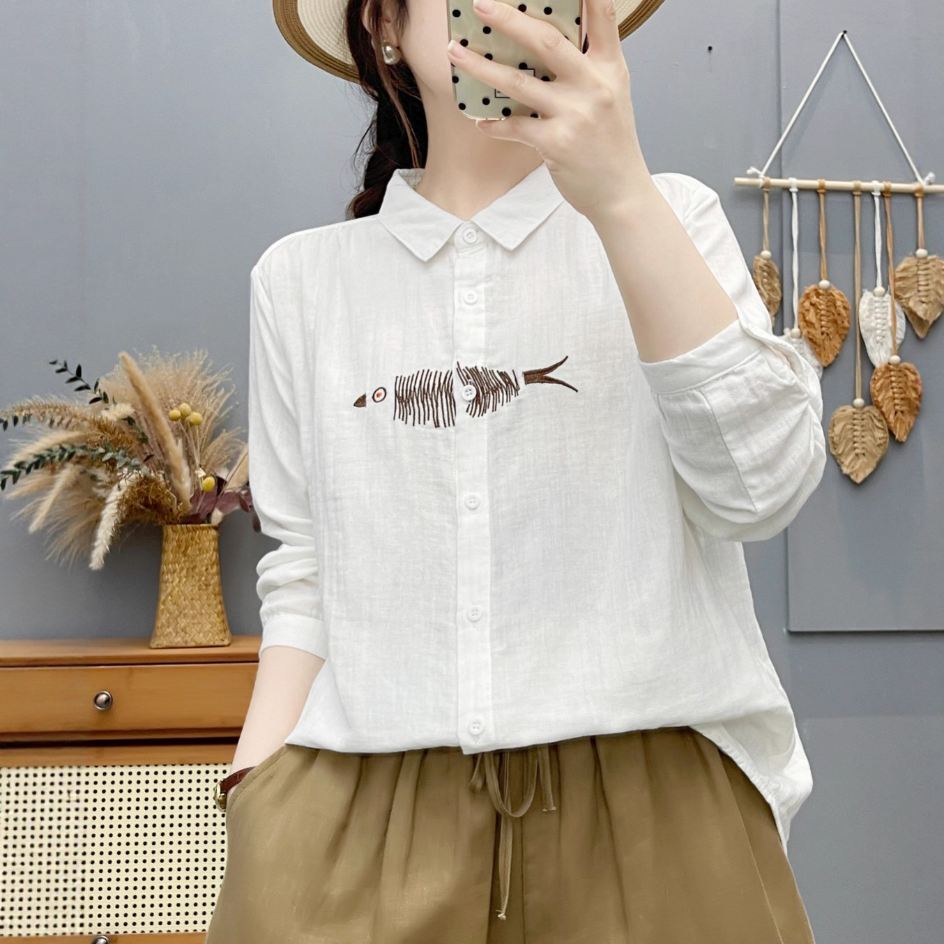 森系文艺刺绣舒适棉纱开衫长袖衬衫 女2025秋装新款休闲上衣 2268