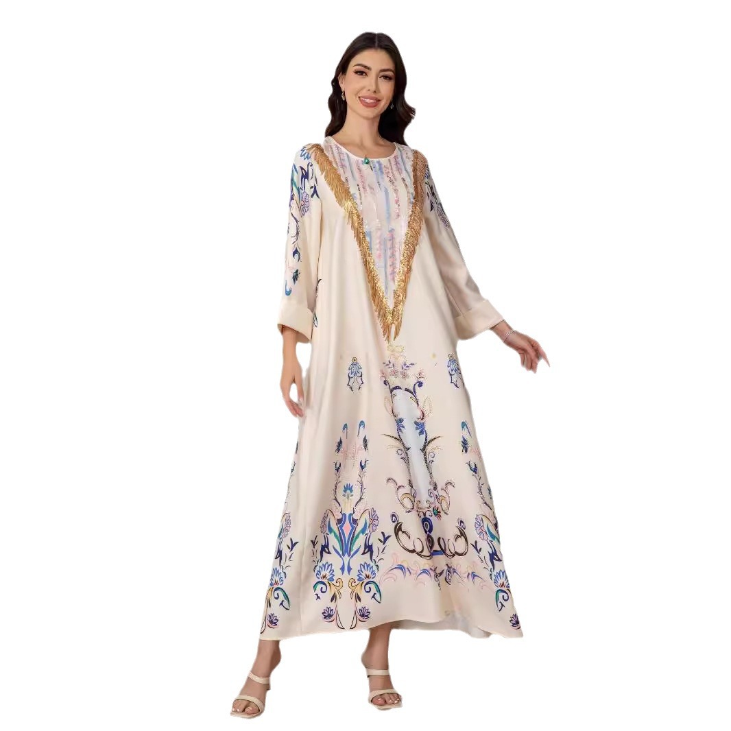 SW0811 Middle East Muslim Women's Long Robe European And American Cross-Border Printed Evening Abaya Dress_ecoleips.com