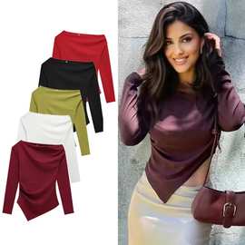 跨境欧美女装长袖上衣女斜肩不规则下摆长袖t恤女纯色上衣外贸批