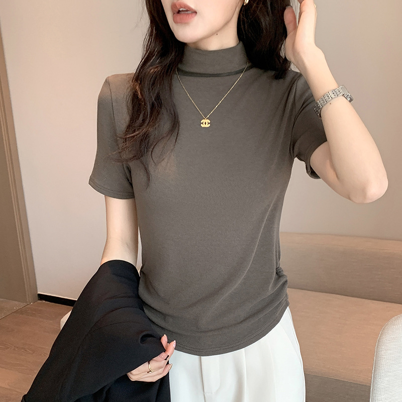 H338純粋な欲望風ハーフタートルネック半袖Tシャツ女性用夏スリムフィットインナー兼アウタートップスinsトレンド|undefined