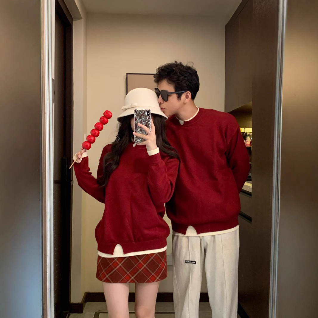 인생의 해 커플의 크리스마스 올매치 가짜 2 피스 풀오버 시대 감소 니트 셔츠 레드 년 스네이크 루즈 트렌디 브랜드 스웨터