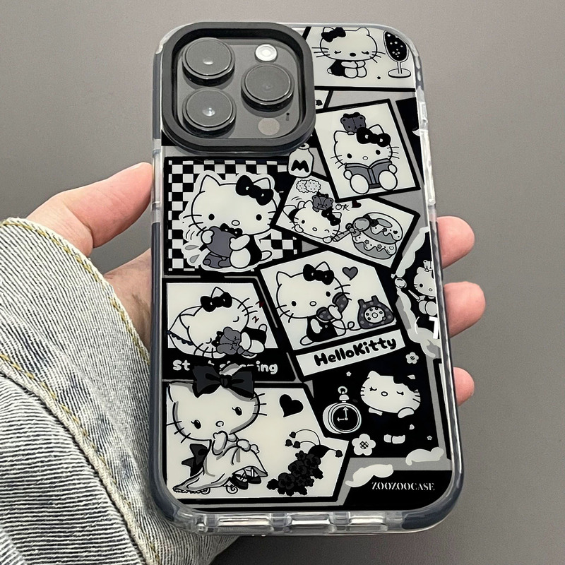 Ins Illustration Dark Kt Cat for Apple 15promax Mobile Phone Case iPhone13/14 Transparent Black Edge 12 Women