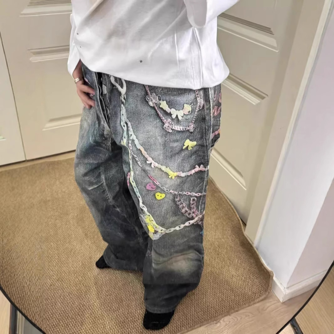 American Retro Blue Printed Chain Popular Denim Trousers for Men Korean Style High-Waisted Slim Wide-Leg Spring and Summer Straight Pants