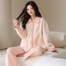 100%纯棉夹层睡衣女长袖秋冬季款保暖加厚加绒空气棉薄夹棉家居服