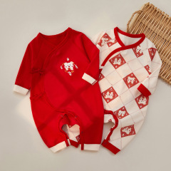 Baby Bodysuit Spring and Autumn Crawling Suit Long Sleeve Monk's Dress Bright Red Boneless Full Moon Cotton Pouch Pant Newborn Clothes