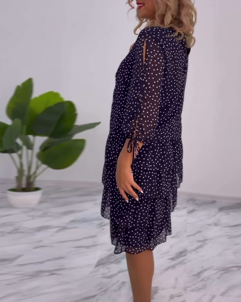 Robe midi élégante en mousseline à pois pour femme, col rond, manches trois-quarts, taille nouée, style gâteau tendance_voghion.com