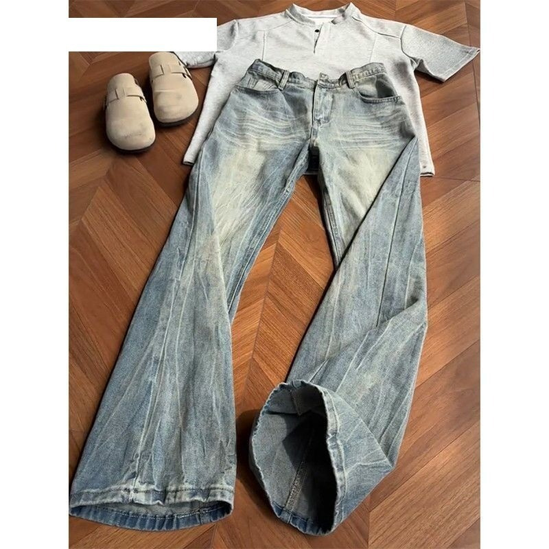 Lightning-Patterned American-Style Vibe Retro Jeans for Men, High Street Straight-Leg Cleanfit Washed Jeans That Make Legs Look Longer, Slightly Flared Pants Lightning-Patterned American-Style Vibe Retro Jeans for Men, High Street Straight-Leg Cleanfit Washed Jeans That Make Legs Look Longer, Slightly Flared Pants