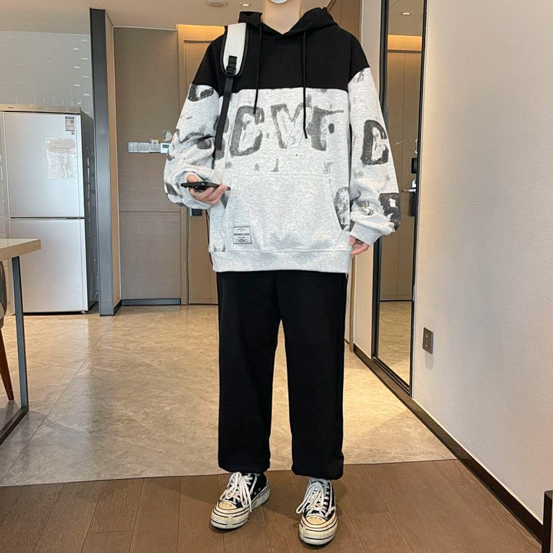 Los fabricantes de origen pueden personalizar el logotipo de los hombres jóvenes primavera y otoño moda suelta suéter con capucha suéter pantalones traje hombres