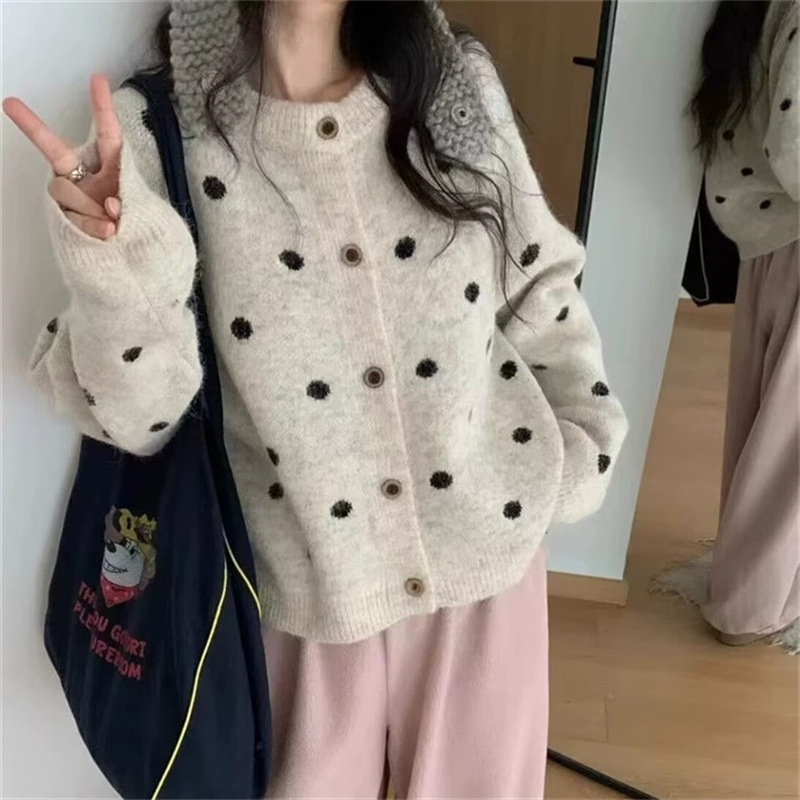 早秋新款韩系波点针织开衫女小个子秋冬高级感慵懒风毛衣外套上衣|undefined