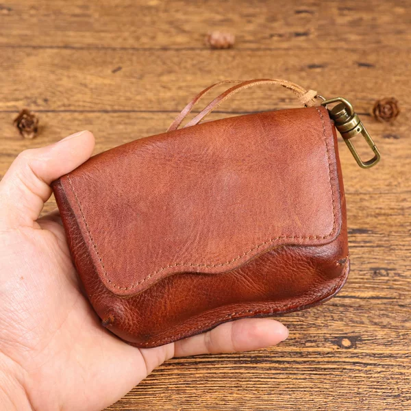 New First Layer Cowhide Key Bag Men's Vintage Vegetable Tanned Leather Old Pleated Waist Hanging Key Buckle Multifunctional Coin Purse