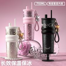 跨境大容量不锈钢保温杯女高颜值陶瓷内胆吸管杯车载便携冰霸水杯
