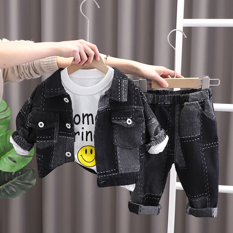 2024 Spring and Autumn Fashionable Boys Suit Block Denim Jacket Spring Three-piece Suit Boy Boy Handsome Trendy Children's Clothing