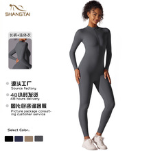 欧美新款瑜伽服套装高级连体服提臀显瘦跑步运动长袖长裤拉链裸感
