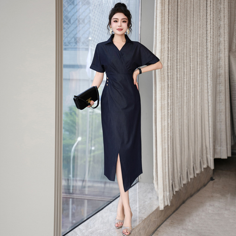 Tencel Polo Collar Short-Sleeve Dress for Commuting and Casual Wear, 2026 Summer Denim Dress, Long Style, High-Waisted, Slimming, Versatile Tencel Polo Collar Short-Sleeve Dress for Commuting and Casual Wear, 2026 Summer Denim Dress, Long Style, High-Waisted, Slimming, Versatile