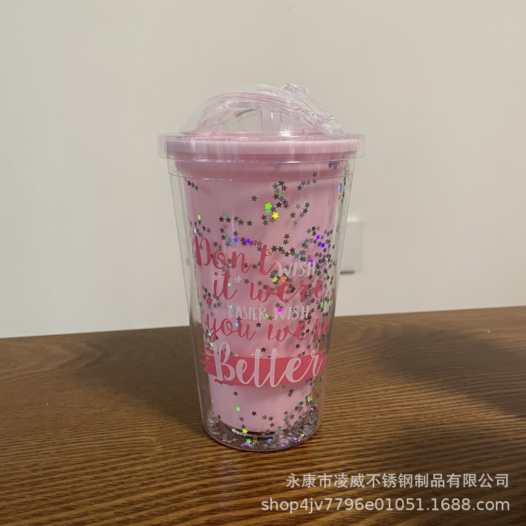 Estrella Glitter push cubierta taza de paja de plástico doble como rosa brillante taza de agua 450mL Navidad taza de muñeca creativa S taza