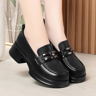 2024 Spring Thick-soled Loafers New British Style Thick Heel Black Soft Leather Mid-soled Soft-soled Slip-on Shoes