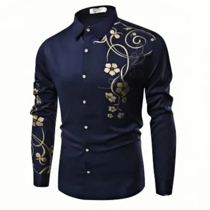 European and American 2025 Party Tops, Luxurious Long-Sleeve Shirts with Gold Floral Luxury Prints, Trendy Button-Up Designs, in Stock European and American 2025 Party Tops, Luxurious Long-Sleeve Shirts with Gold Floral Luxury Prints, Trendy Button-Up Designs, in Stock