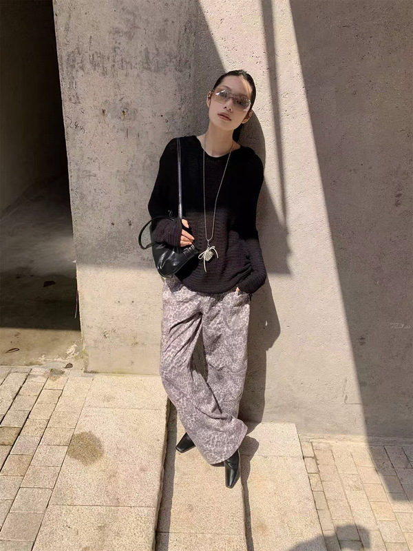 [9hour]美式辣妹风豹纹牛仔裤女 2025秋季低腰分割弯刀阔腿裤8999|undefined