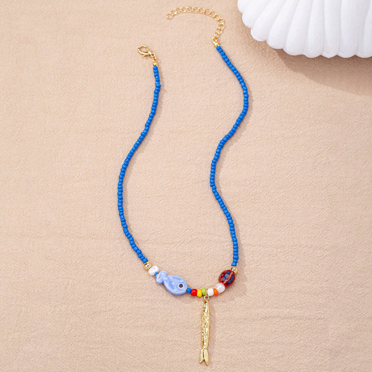 Casual, Holiday Occasion Alloy, Glass Material Fish Pattern Cute Marine Style Fish Alloy Glass Beaded Chain Lobster Trigger Clasp Closure Beaded Necklaces Wholesale