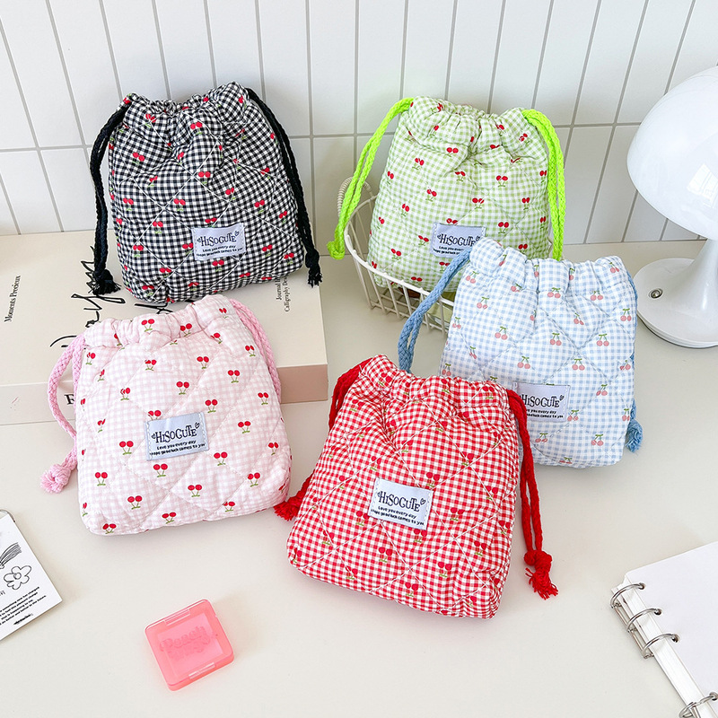Cherry Quilted Makeup Bag Drawstring Storage Bag Lipstick Bag Portable CCD Camera Storage Bag Multifunctional Drawstring Bag