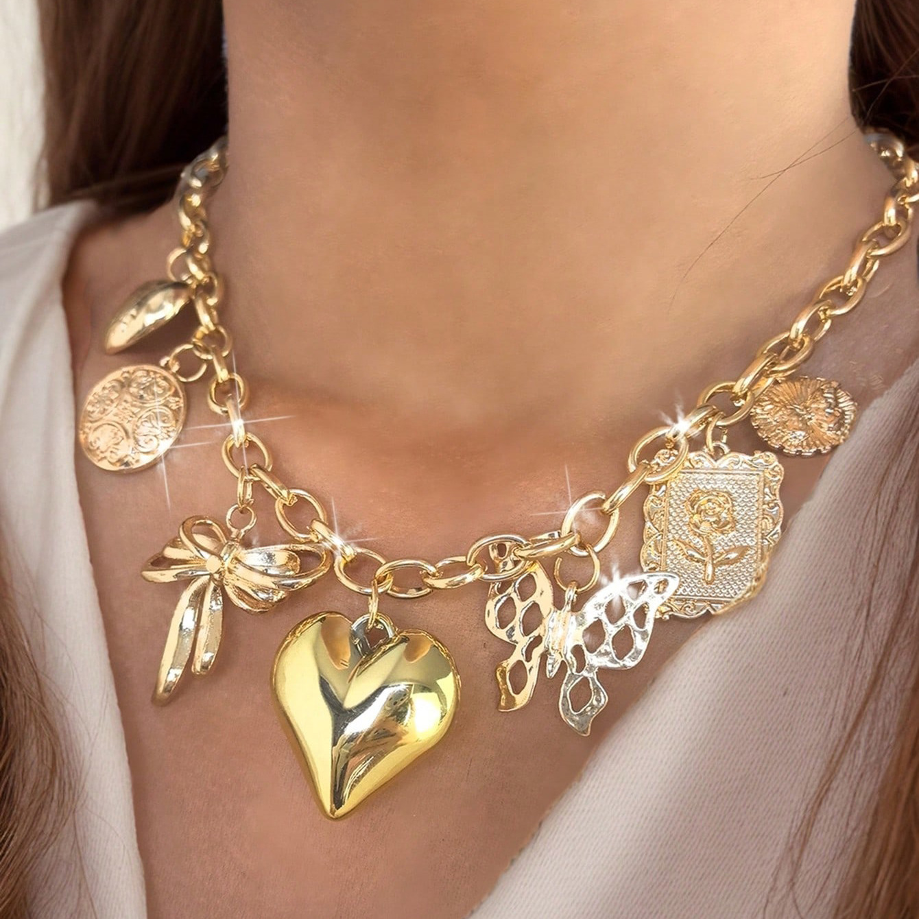 64g Weight IG Style Vintage Style Heart Shape Rose Bow Knot Rhinestones CCB Alloy Cuban Link Chain Curb Chain Layered Necklaces Wholesale