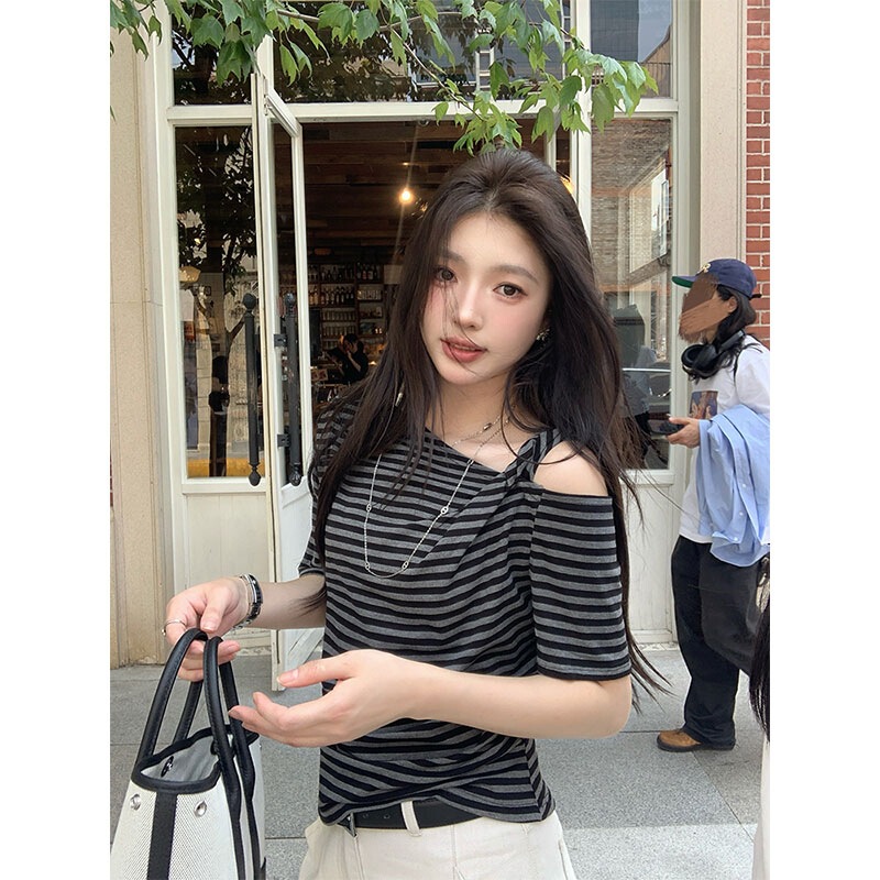 Morning Collection [Cool Silk Cotton] Hot Girl Off-Shoulder Short Sleeve T-Shirt for Women, Summer Style, Slim Fit, Versatile, Retro Black Stripes