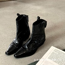 牛皮版~时髦尖头V口显瘦粗跟皱感西部短靴女真皮马丁靴单靴小踝靴