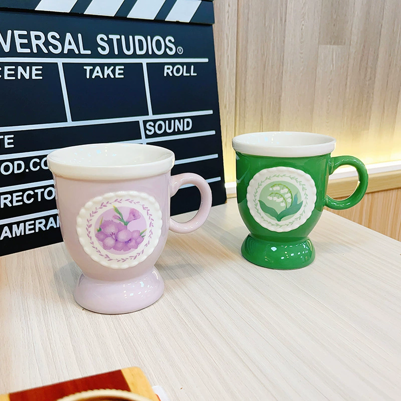 Высокая керамическая чашка в стиле ретро с цветочным принтом ландыша, кружевная чашка для воды, кружка для кофе, чашка с цветком каллы