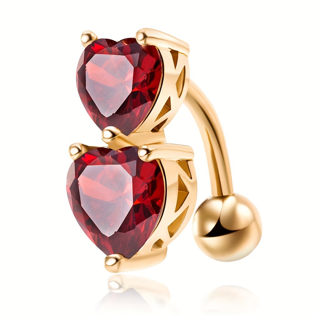 Piercing mit Kreuzrandung, Doppelherz-Zirkonring, Herzförmiger Doppel-Nabelpiercing aus Kristall_voghion.com