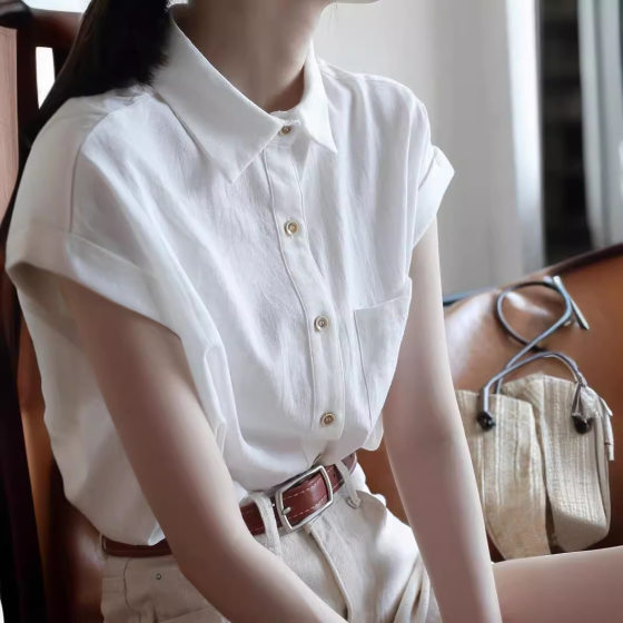 MZOMXL Simple Bull Ear Sleeve Design Sense 2024 Summer New Short Sleeve Breathable Comfortable White Shirt Women's Top