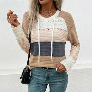 Amazon foreign trade knitted hoodie 2023 autumn and winter New European and American women's cross-border hooded color matching pullover sweater for women