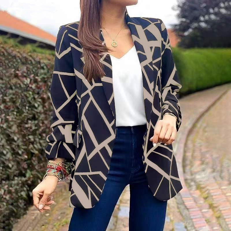Saco Blazer Estampado Sin Botones de Poliéster Entallado Manga Larga para Mujer