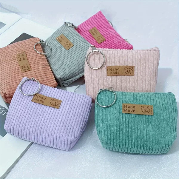 Corduroy Coin Purse Flannel Zipper Bag Cloth Label Striped Coin Bag Girl's Small Purse Storage Key Bag