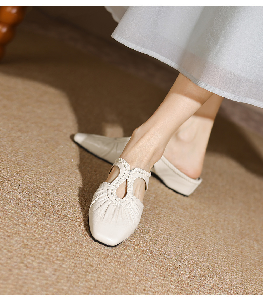 Dép mule nữ gót thấp 4 cm, mũi kín hở gót, kiểu dệt đan họa tiết — Rượu vang đỏ chi tiết 19