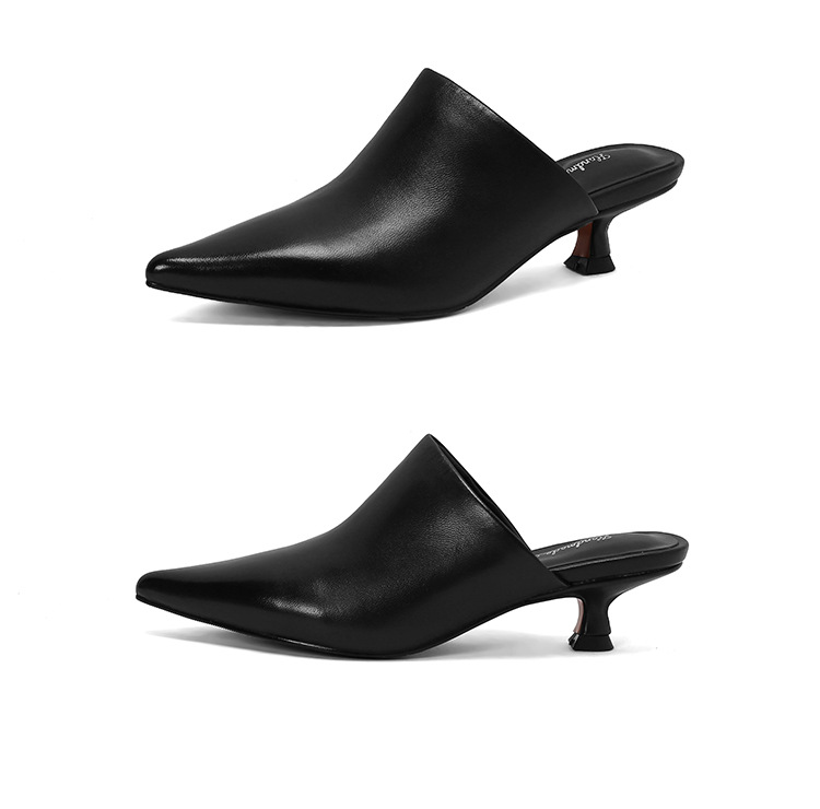 Dép mule nữ da cừu mềm mũi nhọn gót mèo 5 cm — Màu đen chi tiết 43