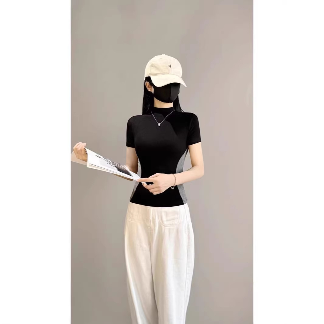 New Style Ribbed Color-Block Short-Sleeve T-Shirt for Women, Versatile for Spring and Summer, Slim-Fit Waist-Cinching Base Shirt, Regular Shoulder Base Top