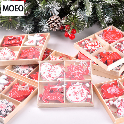 Christmas decoration creative wooden hanging ornaments DIY Christmas tree box set reindeer bell horse angel heart ornaments