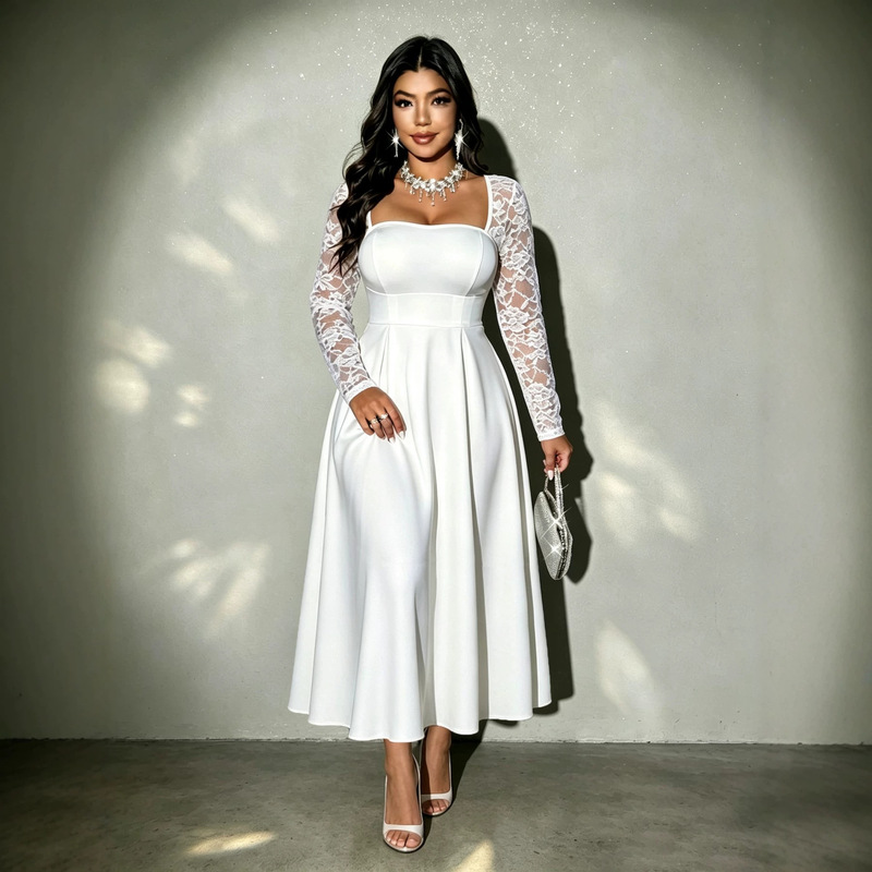 European and American cross-border women's lace long-sleeve dress, A-line dress, casual vacation dress, light wedding dress, party dress, wedding guest dress European and American cross-border women's lace long-sleeve dress, A-line dress, casual vacation dress, light wedding dress, party dress, wedding guest dress