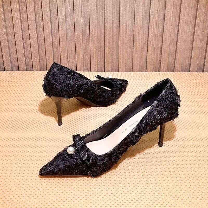 French Style Lace Stiletto Heels for Women 2025 Spring and Autum New Style Comfortable Shallow Mouth Pointed Toe Elegant Black Shoes