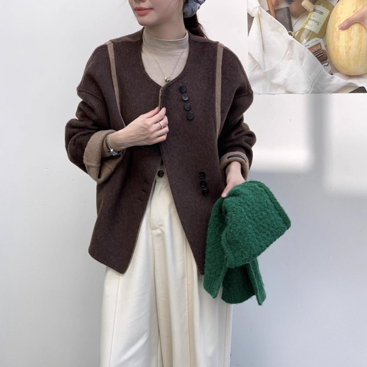 双面羊毛大衣女2025秋冬新款韩系撞色气质圆领宽松显瘦羊毛呢外套